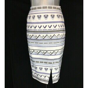 White House Black Market Pencil Skirt 00 Blue Embroider Geometric Faux Wrap Slit